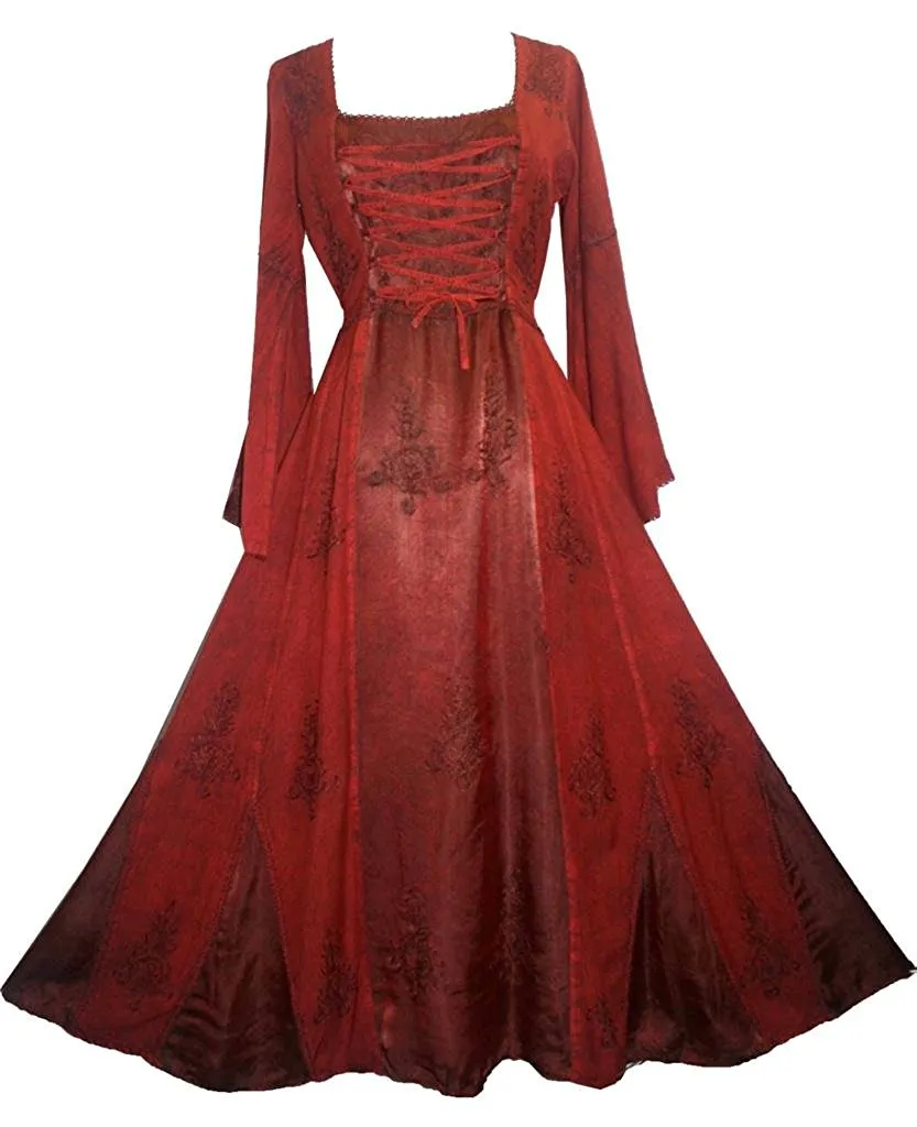 003 DR Square Neck Lace Overlay Gothic Corset Bell Sleeve Dress Gown