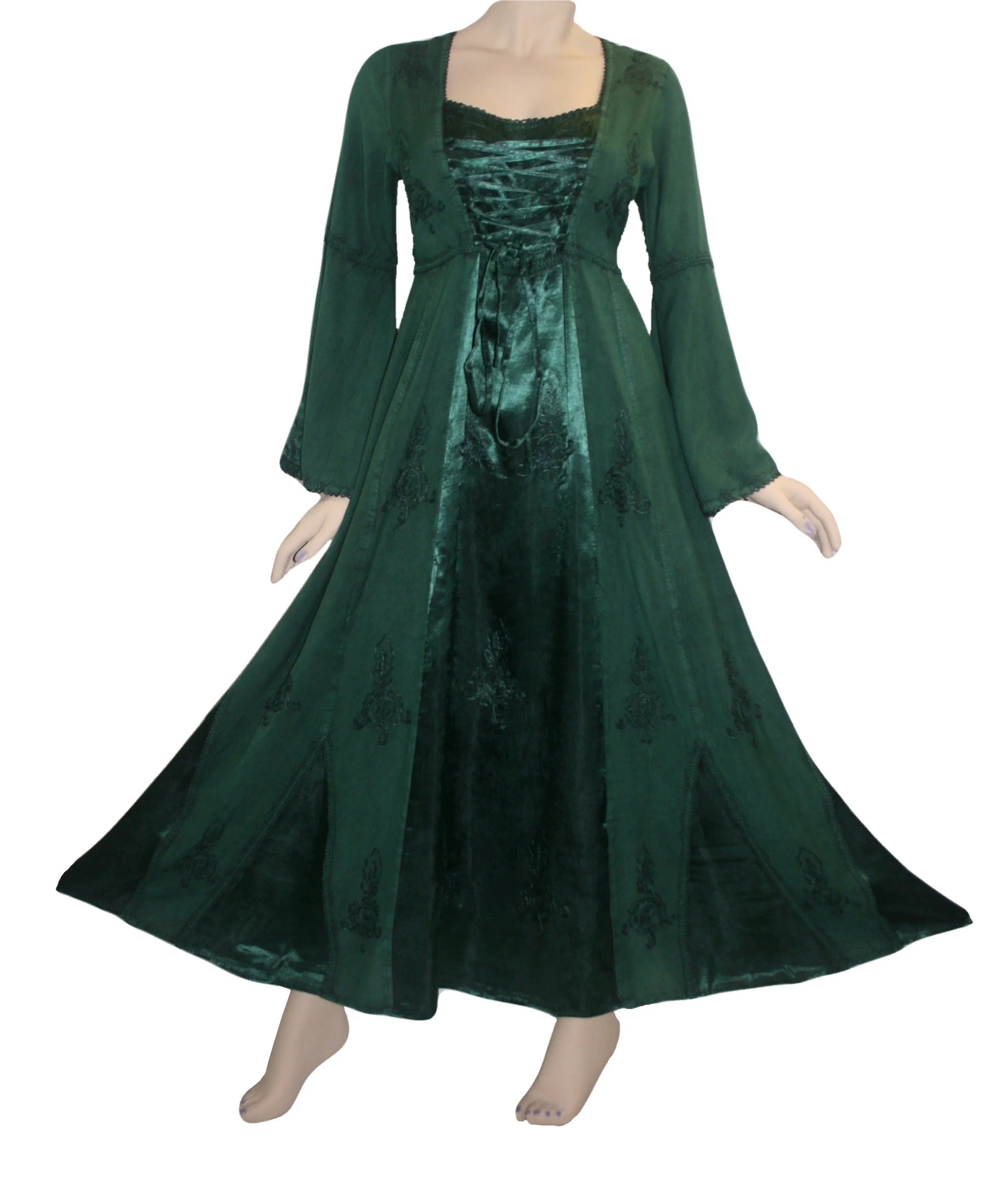 003 DR Square Neck Lace Overlay Gothic Corset Bell Sleeve Dress Gown