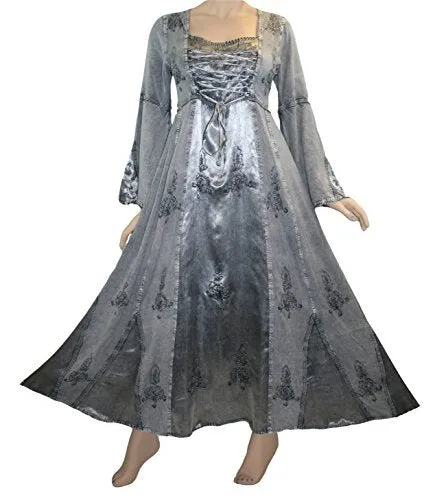 003 DR Square Neck Lace Overlay Gothic Corset Bell Sleeve Dress Gown