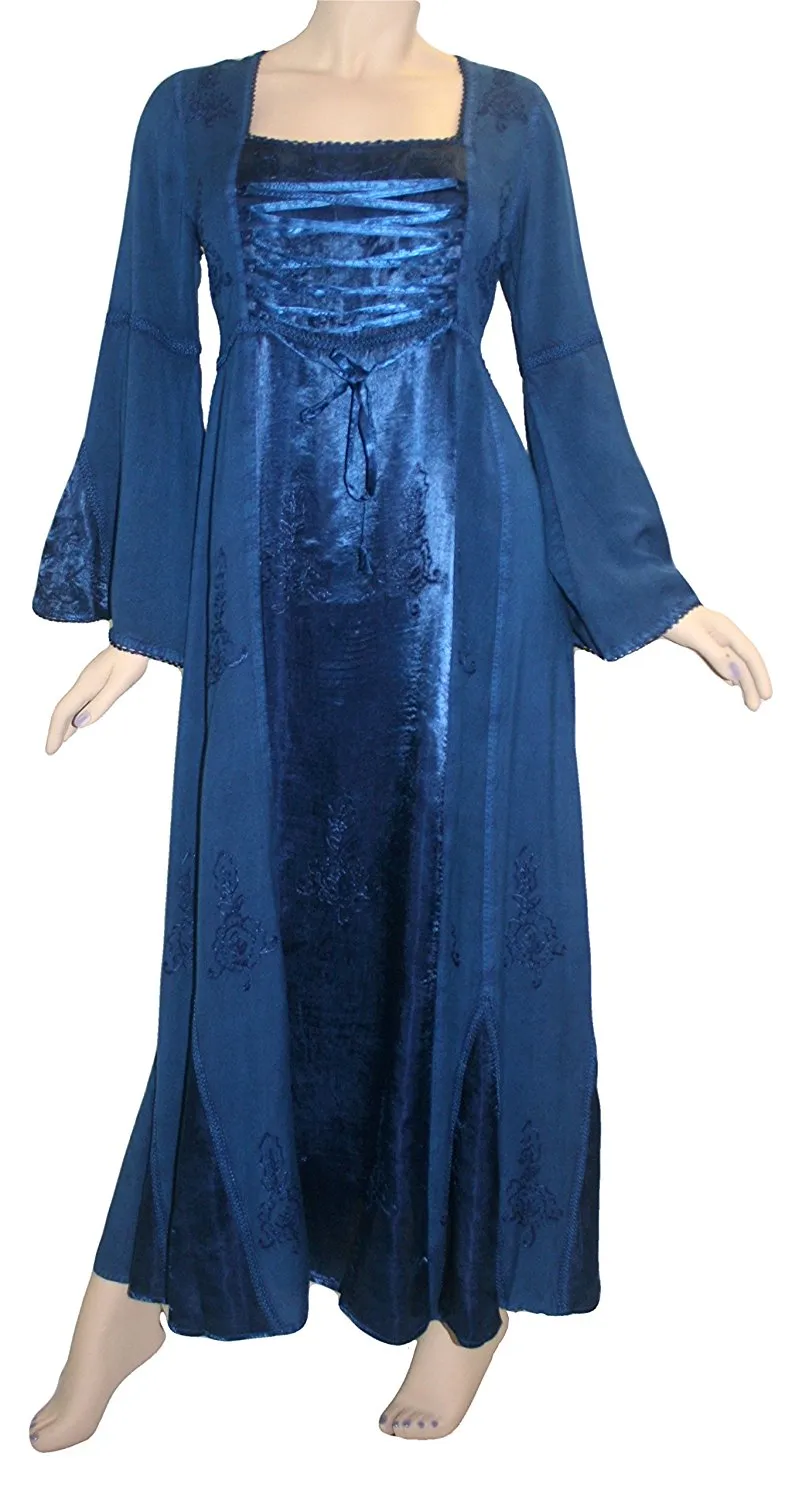 003 DR Square Neck Lace Overlay Gothic Corset Bell Sleeve Dress Gown