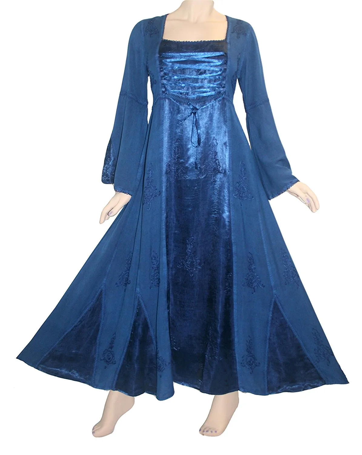 003 DR Square Neck Lace Overlay Gothic Corset Bell Sleeve Dress Gown