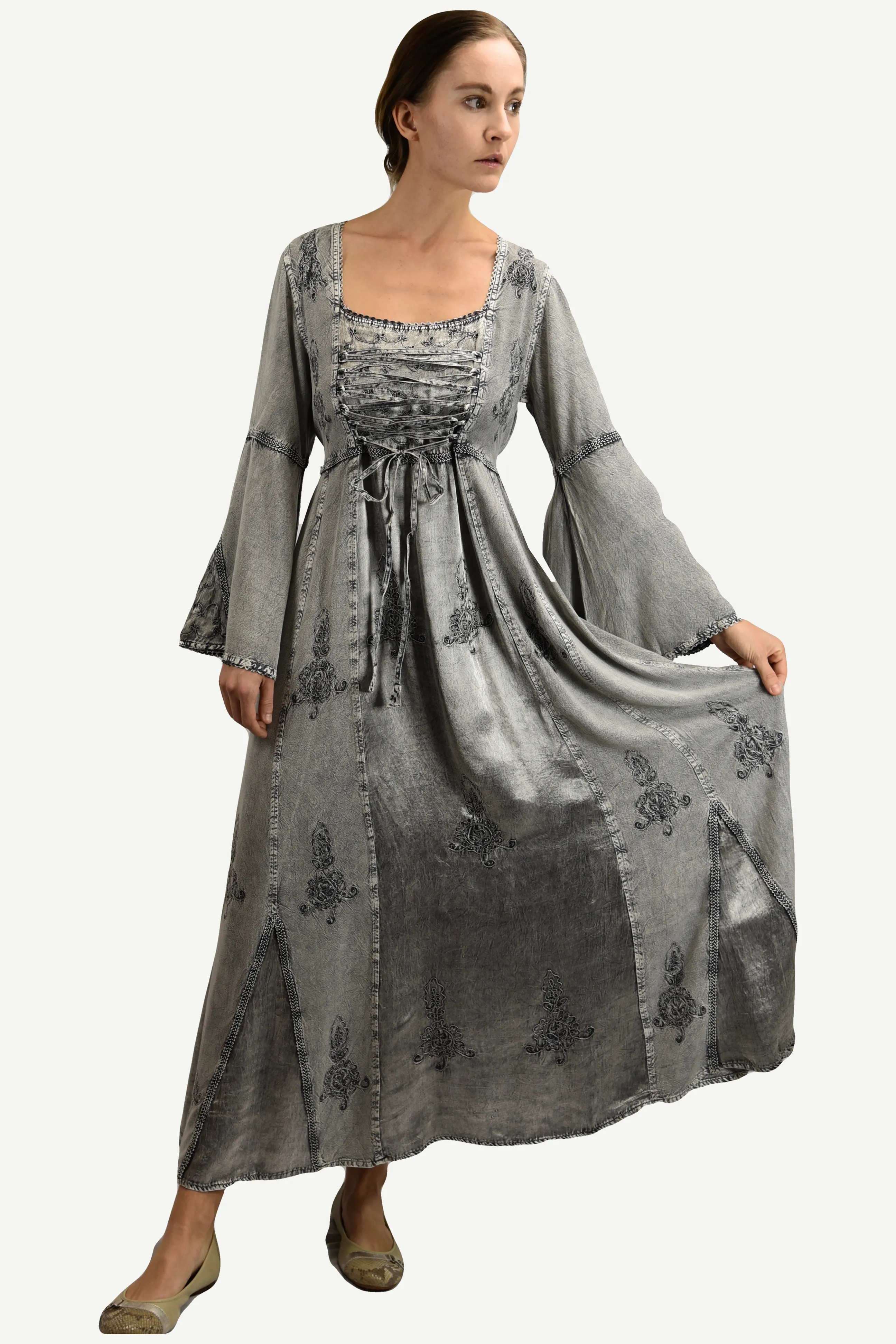 003 DR Square Neck Lace Overlay Gothic Corset Bell Sleeve Dress Gown