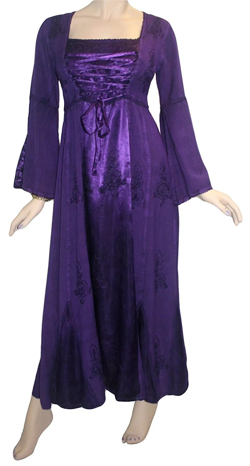 003 DR Square Neck Lace Overlay Gothic Corset Bell Sleeve Dress Gown