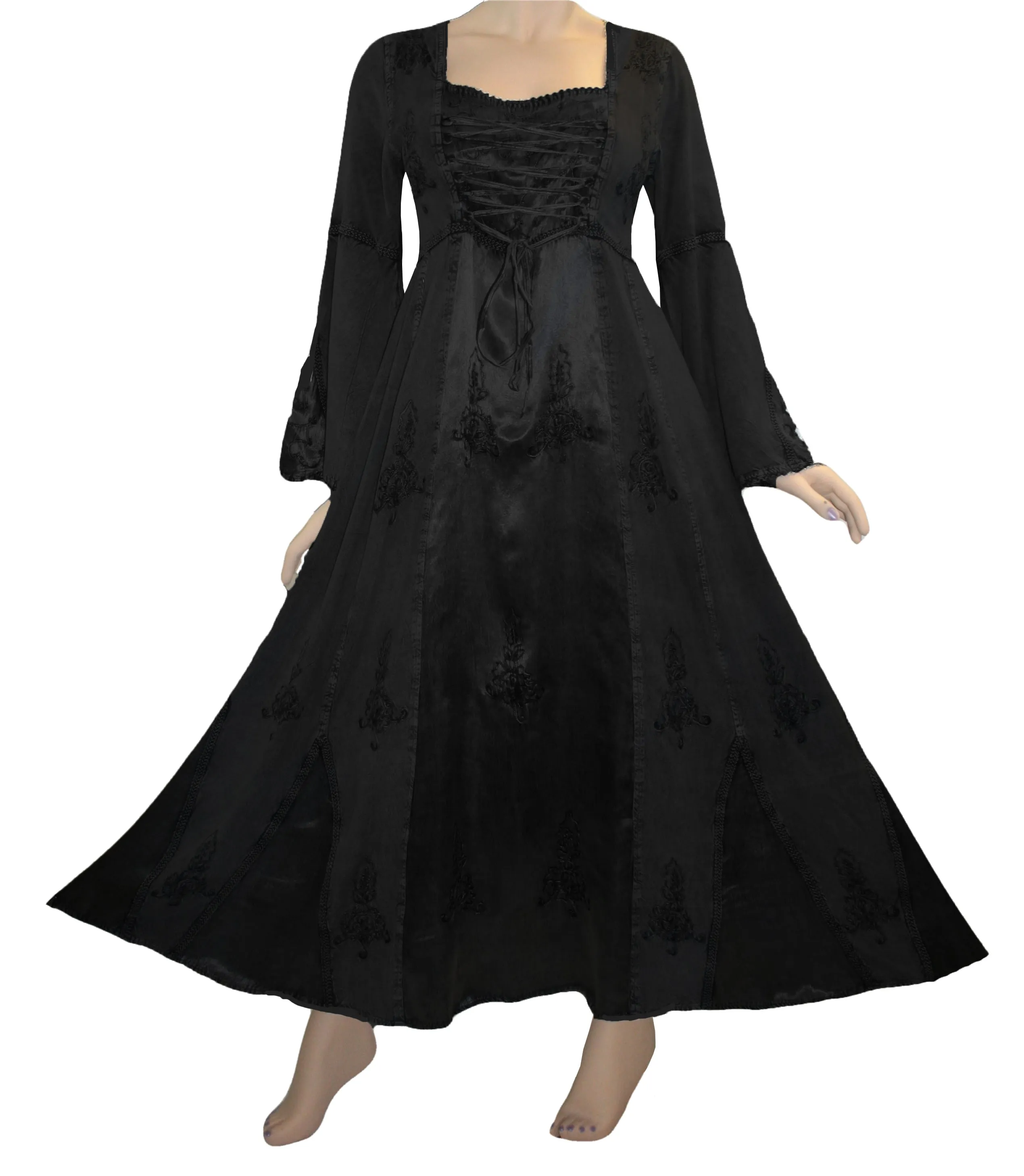 003 DR Square Neck Lace Overlay Gothic Corset Bell Sleeve Dress Gown