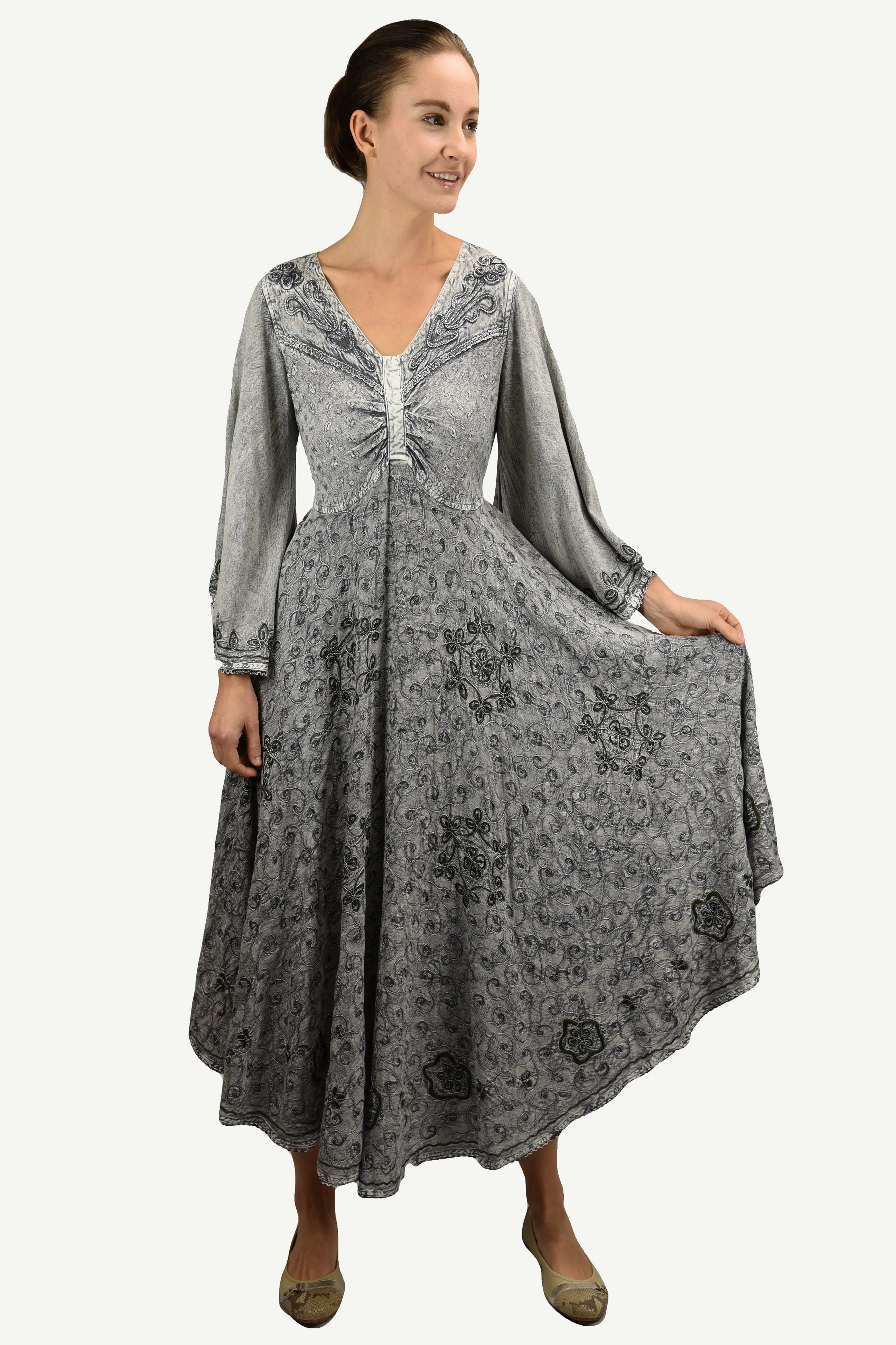206 DR Sweet Empire Diamond Neck Butterfly Bell Sleeve Mid Calf Dress