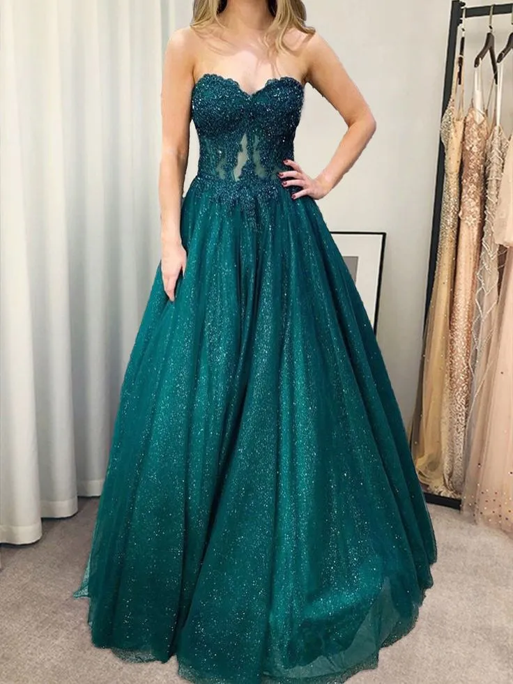 A-line Strapless Lace Long Prom Formal Dresses