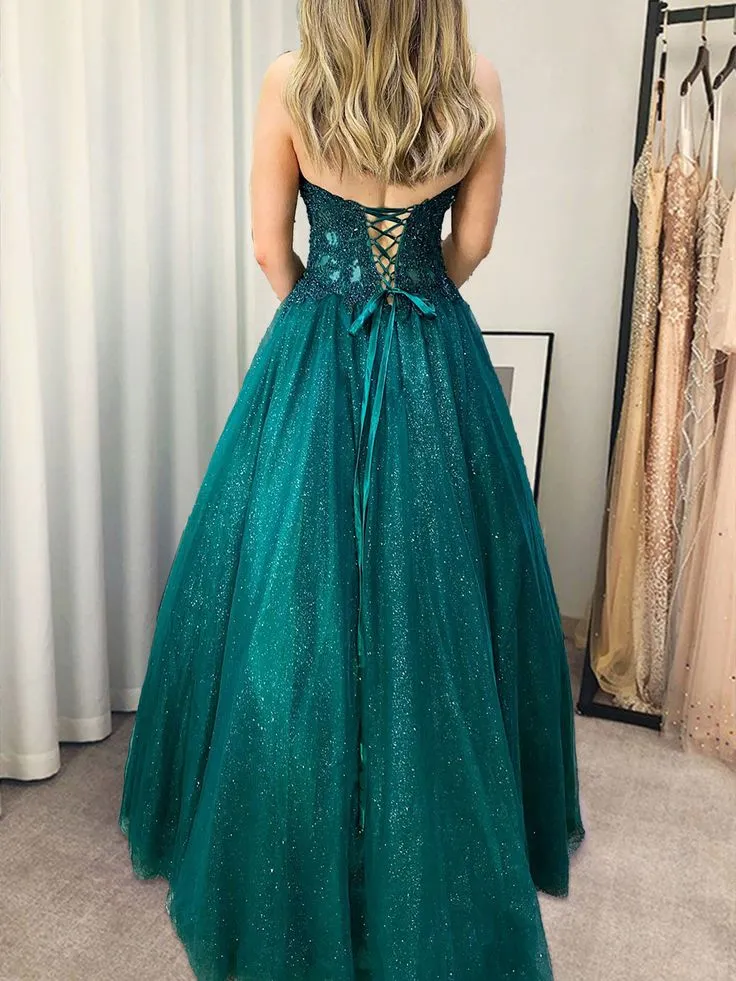 A-line Strapless Lace Long Prom Formal Dresses