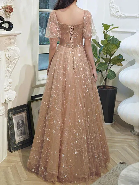 A Line Tulle Long Evening Gown Party Dress Short Sleeves Long Formal Dresses Elegant Evening Dress