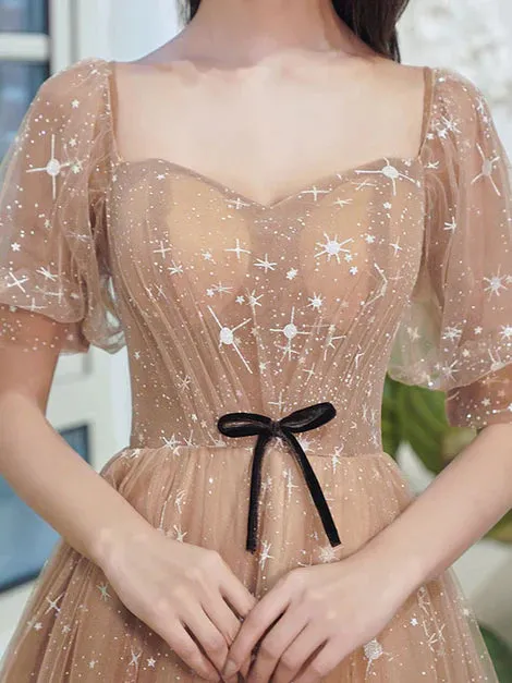 A Line Tulle Long Evening Gown Party Dress Short Sleeves Long Formal Dresses Elegant Evening Dress