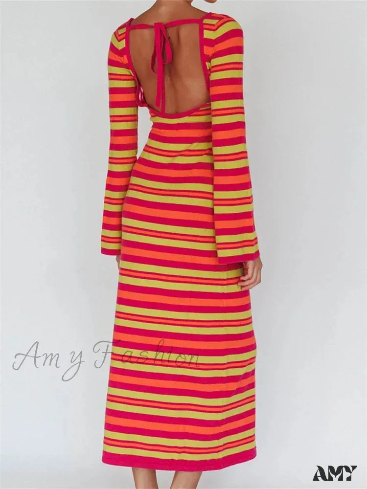 Amy Fashion - Sexy Women Knitted   Sleeve Crew Neck Backless Tie-up Striped Print Slim Fit Spring Fall Vestidos