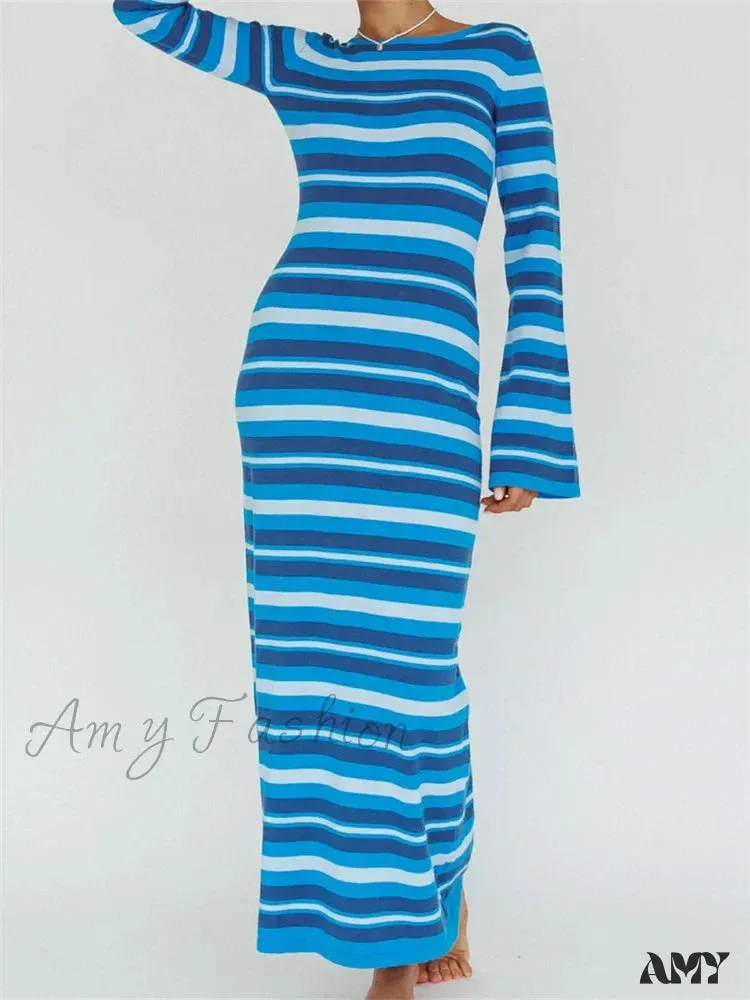 Amy Fashion - Sexy Women Knitted   Sleeve Crew Neck Backless Tie-up Striped Print Slim Fit Spring Fall Vestidos