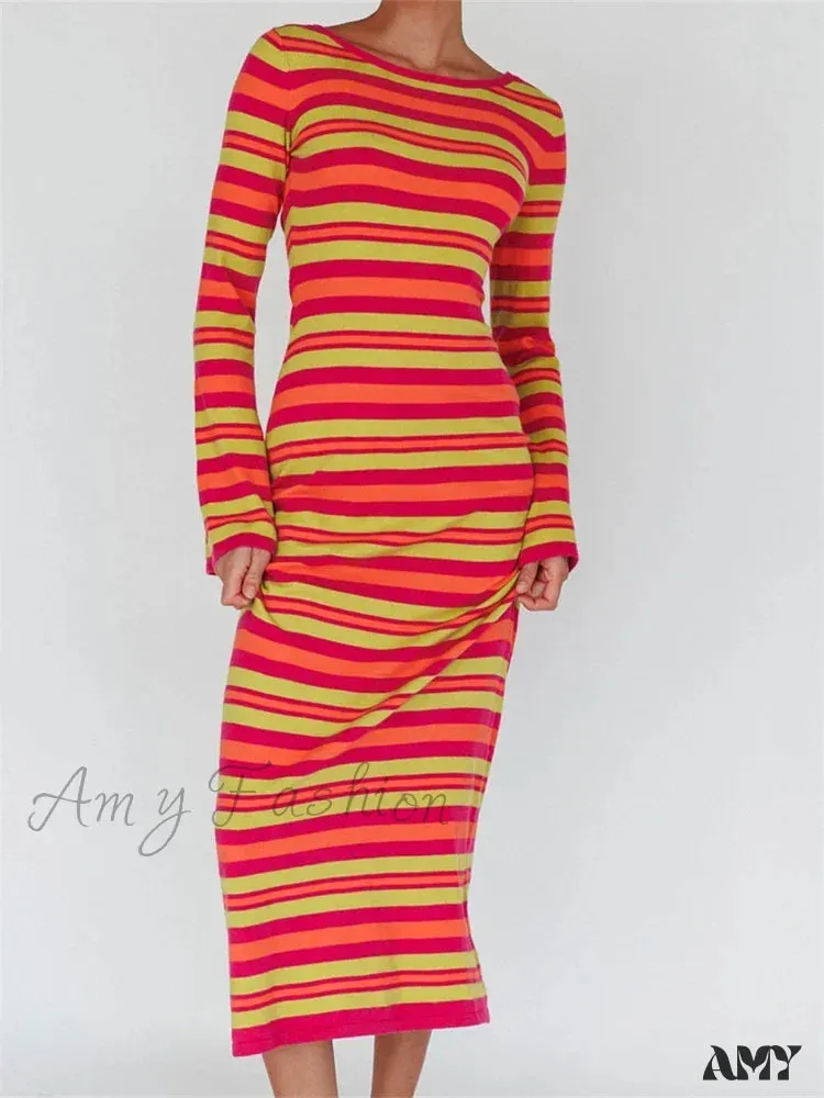 Amy Fashion - Sexy Women Knitted   Sleeve Crew Neck Backless Tie-up Striped Print Slim Fit Spring Fall Vestidos
