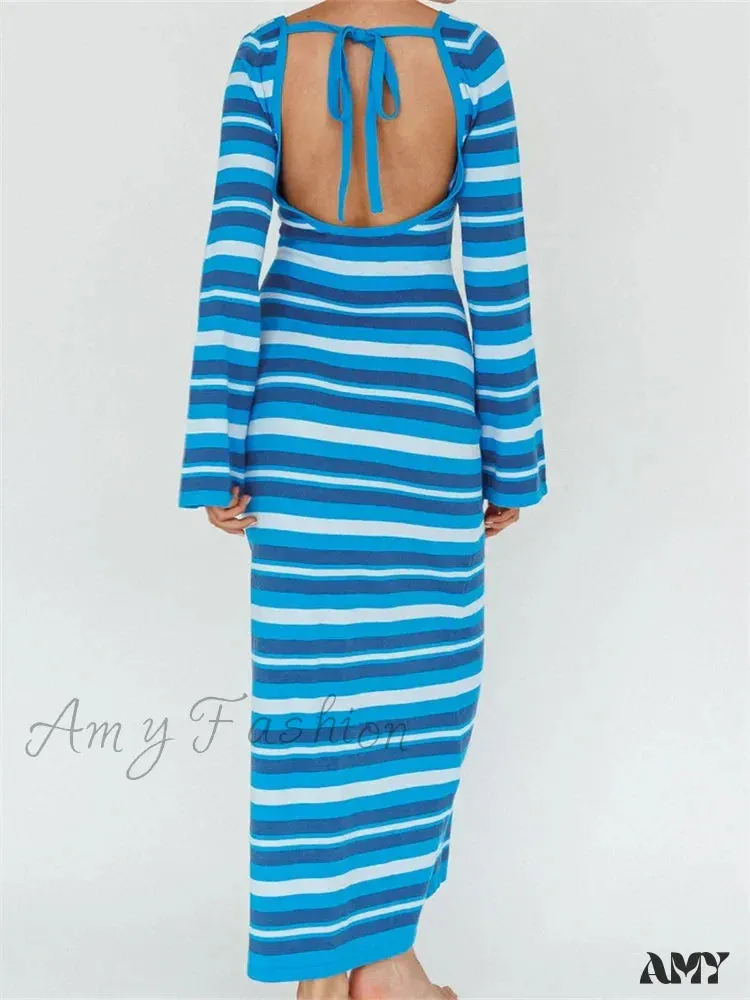 Amy Fashion - Sexy Women Knitted   Sleeve Crew Neck Backless Tie-up Striped Print Slim Fit Spring Fall Vestidos