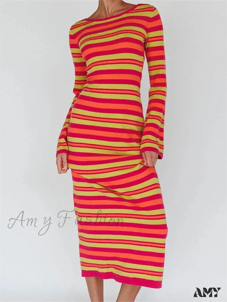 Amy Fashion - Sexy Women Knitted   Sleeve Crew Neck Backless Tie-up Striped Print Slim Fit Spring Fall Vestidos