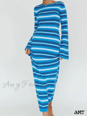 Amy Fashion - Sexy Women Knitted   Sleeve Crew Neck Backless Tie-up Striped Print Slim Fit Spring Fall Vestidos