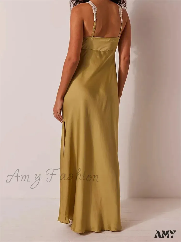 Amy Fashion - Sexy Women Side High Split  Sleeveless Deep V-neck Backless Summer Lace Trim Cocktail Party Vestidos
