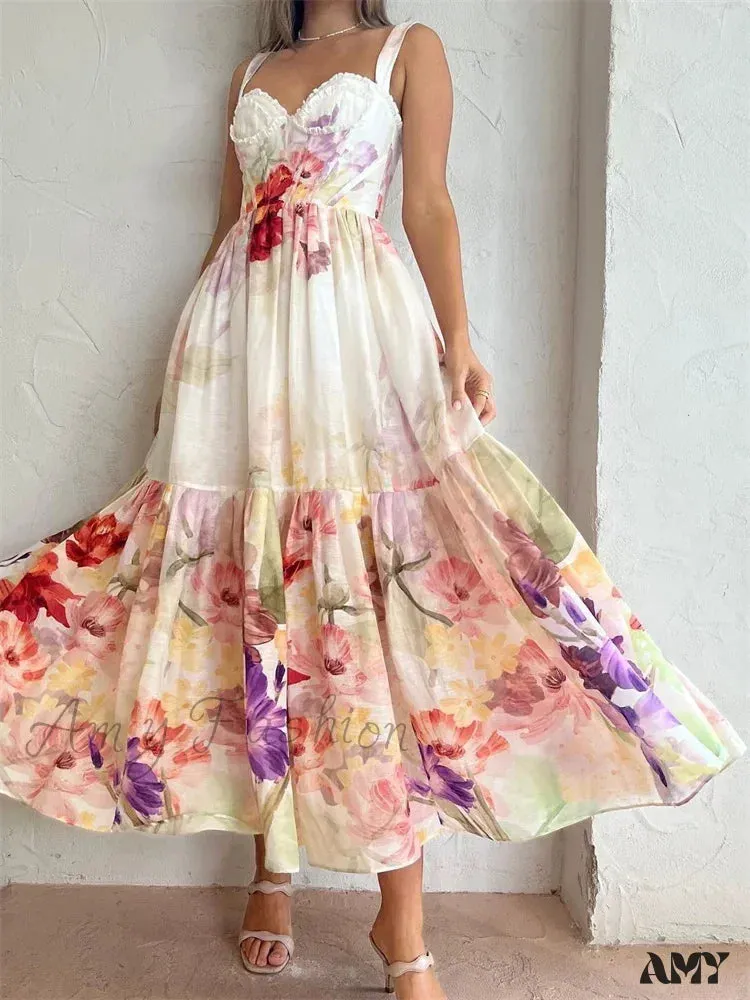 Amy Fashion - Vintage Women High Waist Sleeveless Strap Lace Push Up Flower Print Summer  Beach Female Vestido
