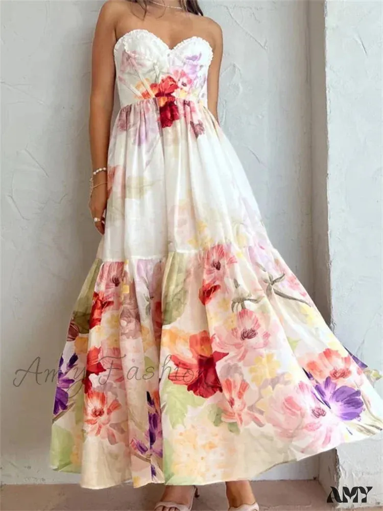 Amy Fashion - Vintage Women High Waist Sleeveless Strap Lace Push Up Flower Print Summer  Beach Female Vestido