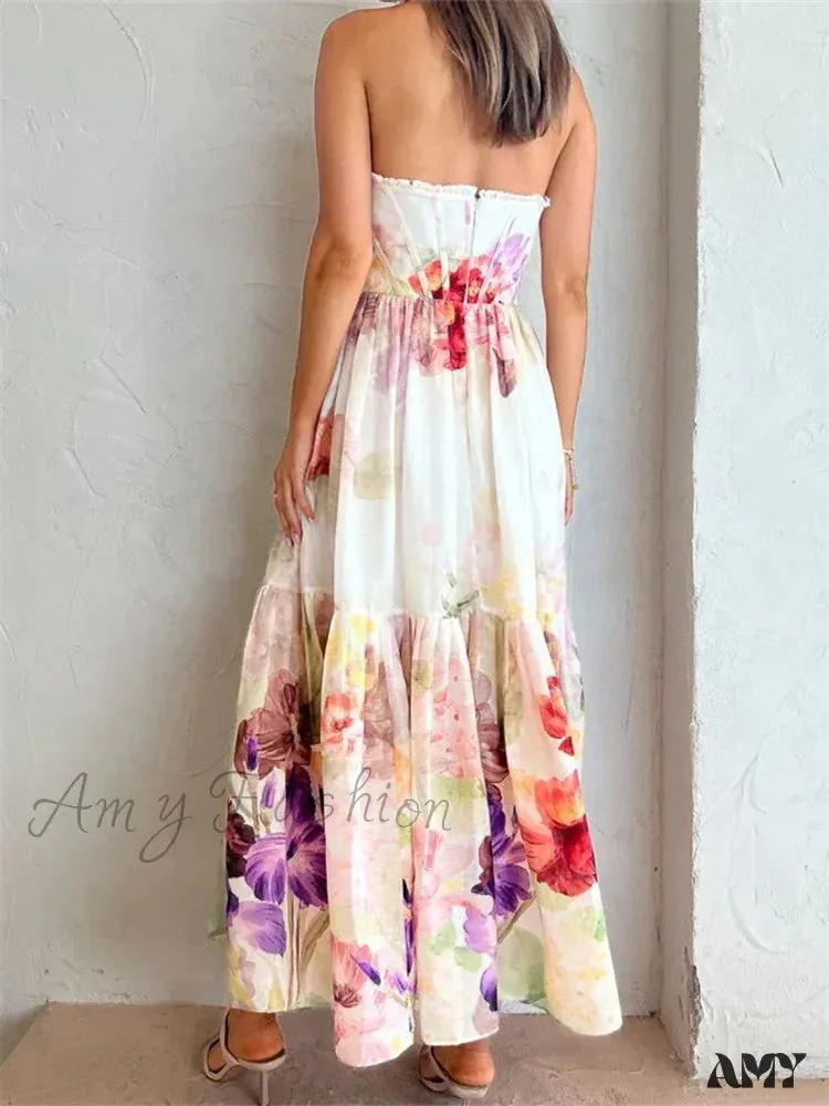 Amy Fashion - Vintage Women High Waist Sleeveless Strap Lace Push Up Flower Print Summer  Beach Female Vestido
