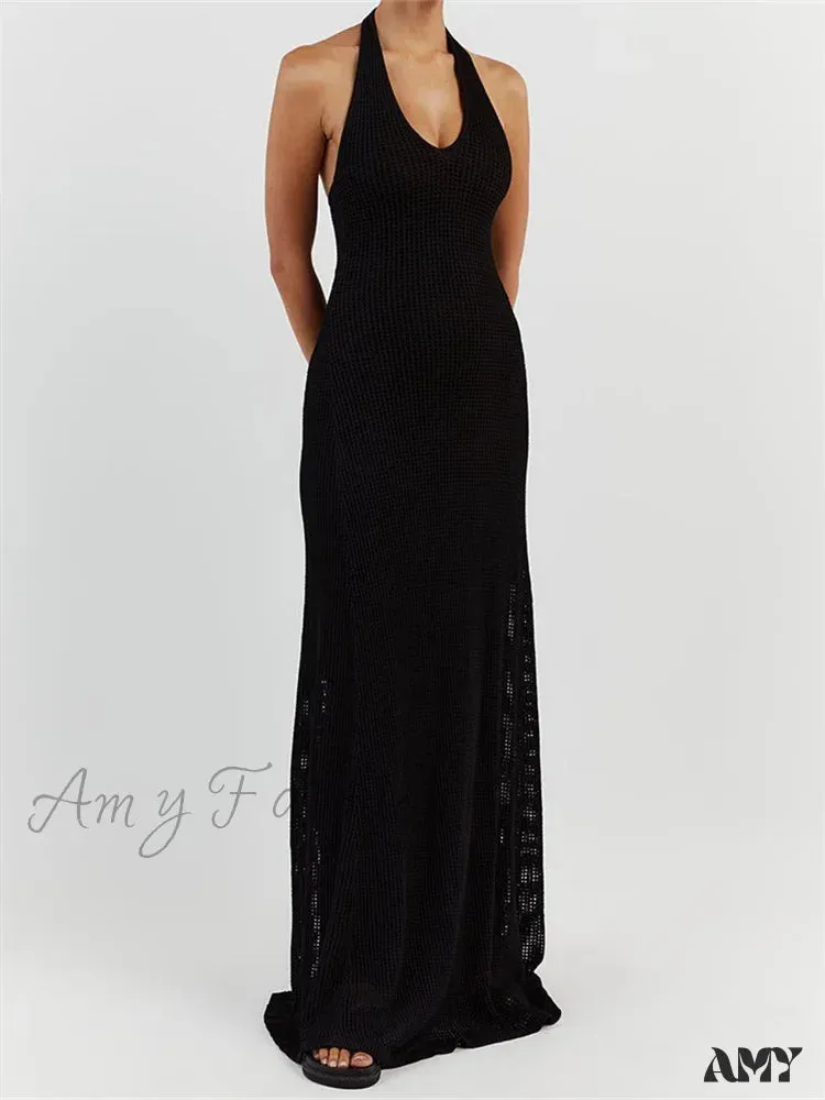 Amy Fashion - Women Bodycon  Solid Deep V Neck Halter Sleeveless Backless Knitted Summer Holiday Beach Vestido