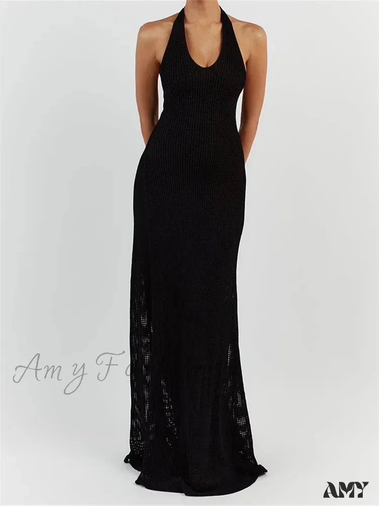 Amy Fashion - Women Bodycon  Solid Deep V Neck Halter Sleeveless Backless Knitted Summer Holiday Beach Vestido
