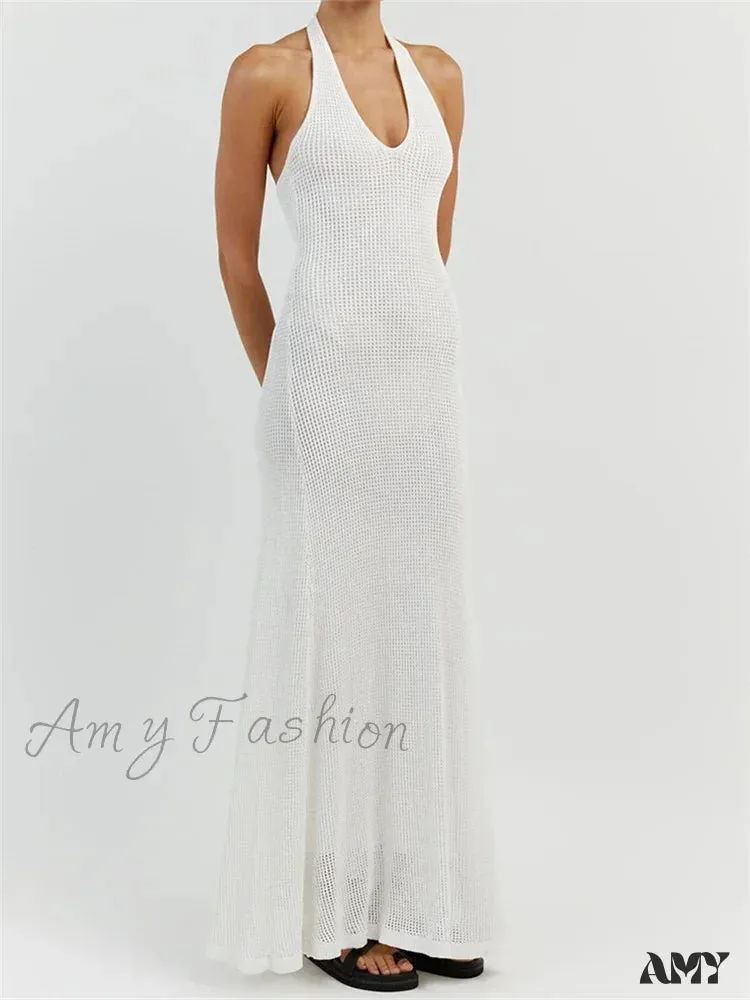 Amy Fashion - Women Bodycon  Solid Deep V Neck Halter Sleeveless Backless Knitted Summer Holiday Beach Vestido