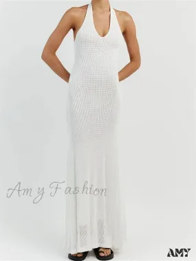 Amy Fashion - Women Bodycon  Solid Deep V Neck Halter Sleeveless Backless Knitted Summer Holiday Beach Vestido