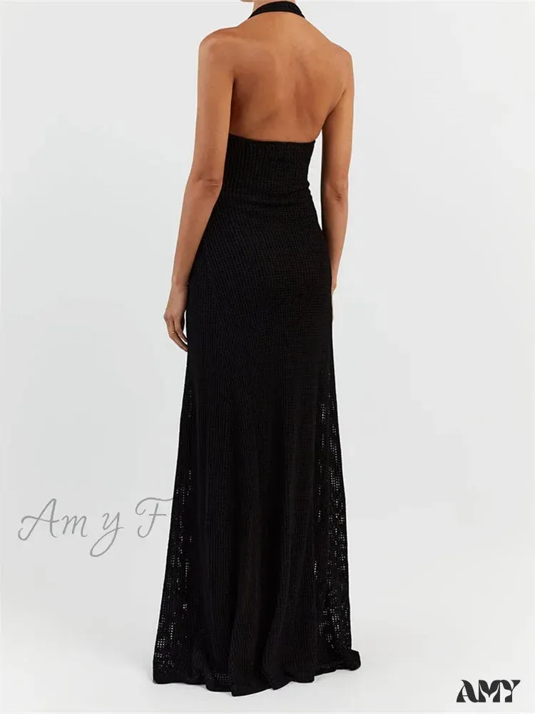 Amy Fashion - Women Bodycon  Solid Deep V Neck Halter Sleeveless Backless Knitted Summer Holiday Beach Vestido