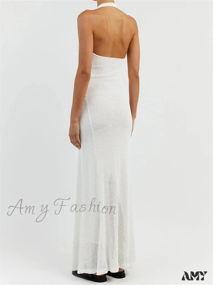 Amy Fashion - Women Bodycon  Solid Deep V Neck Halter Sleeveless Backless Knitted Summer Holiday Beach Vestido