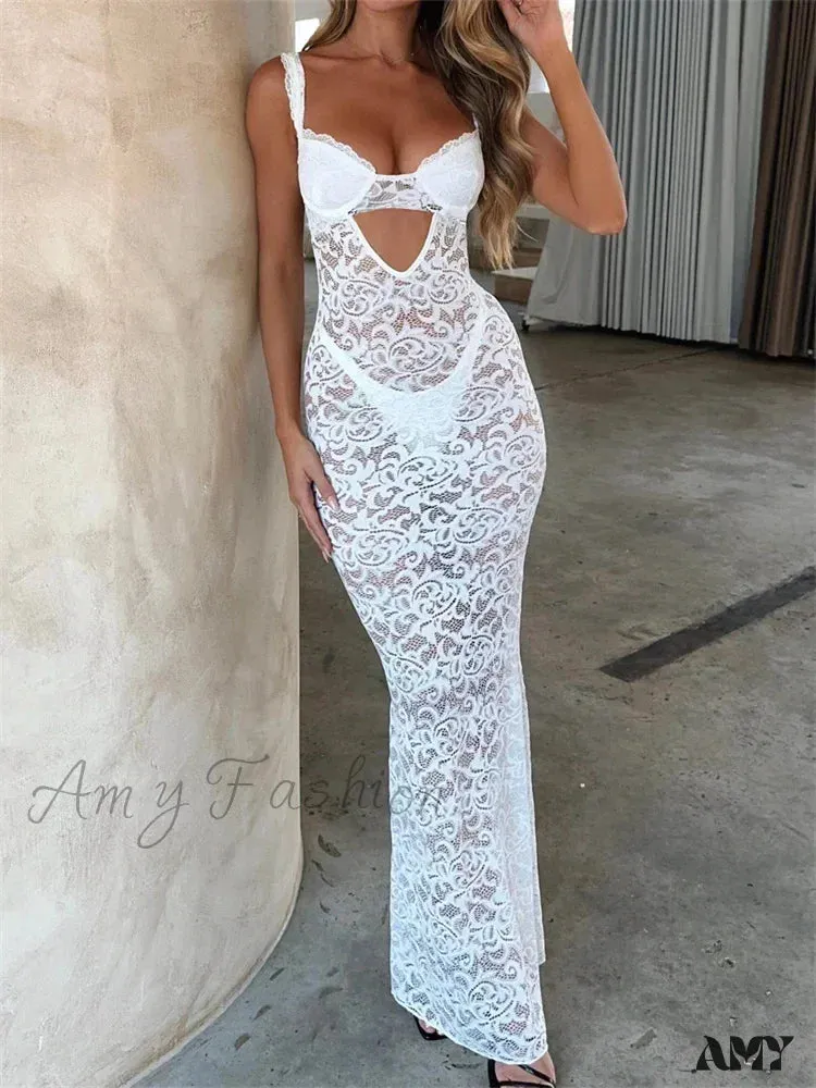 Amy Fashion - Women Summer V-neck  Sleeveless Strap Backless Mesh See Through Lace Floral Hollow Out Party  New