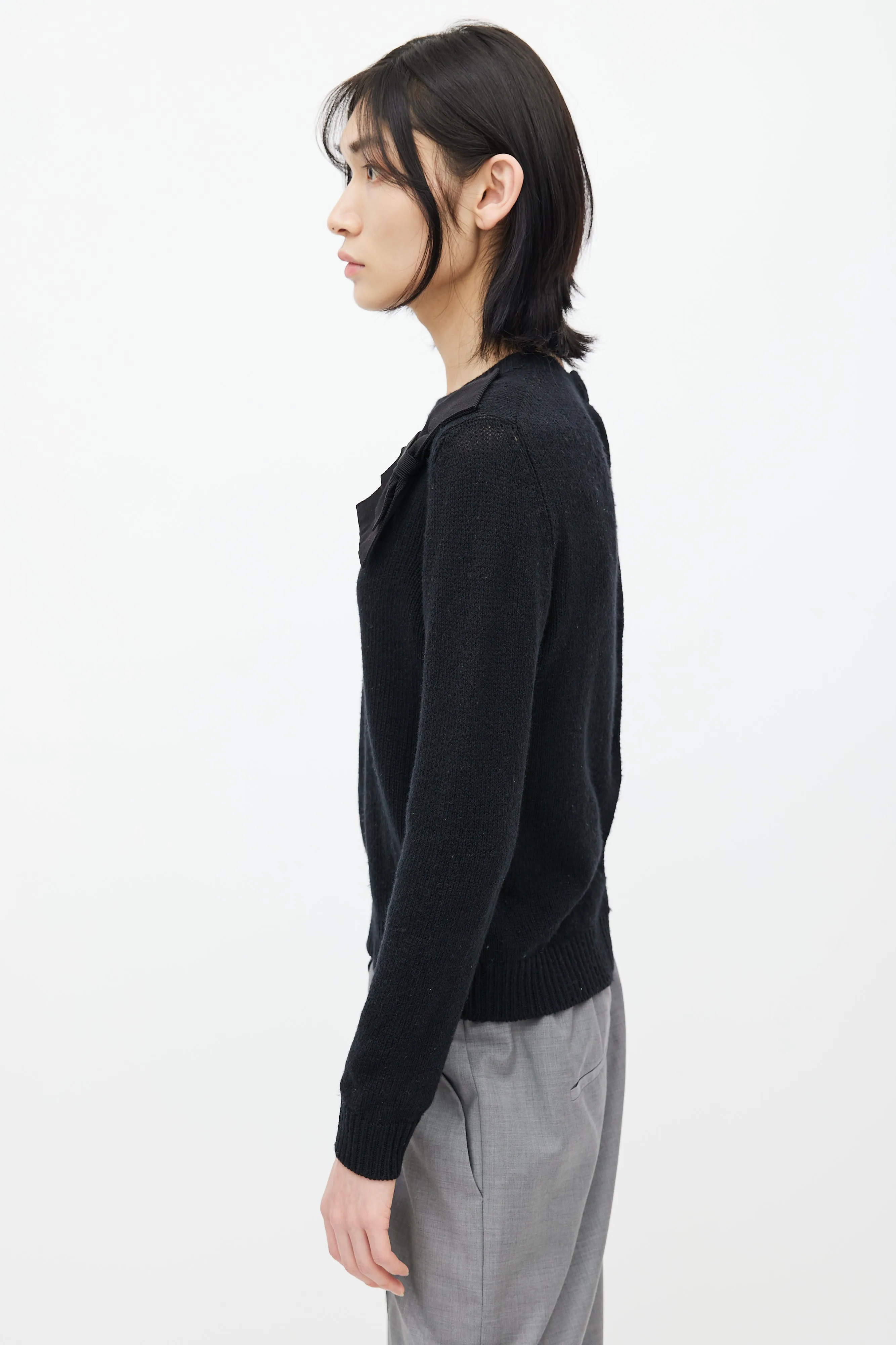 Black Knit Cashmere Bow Cardigan