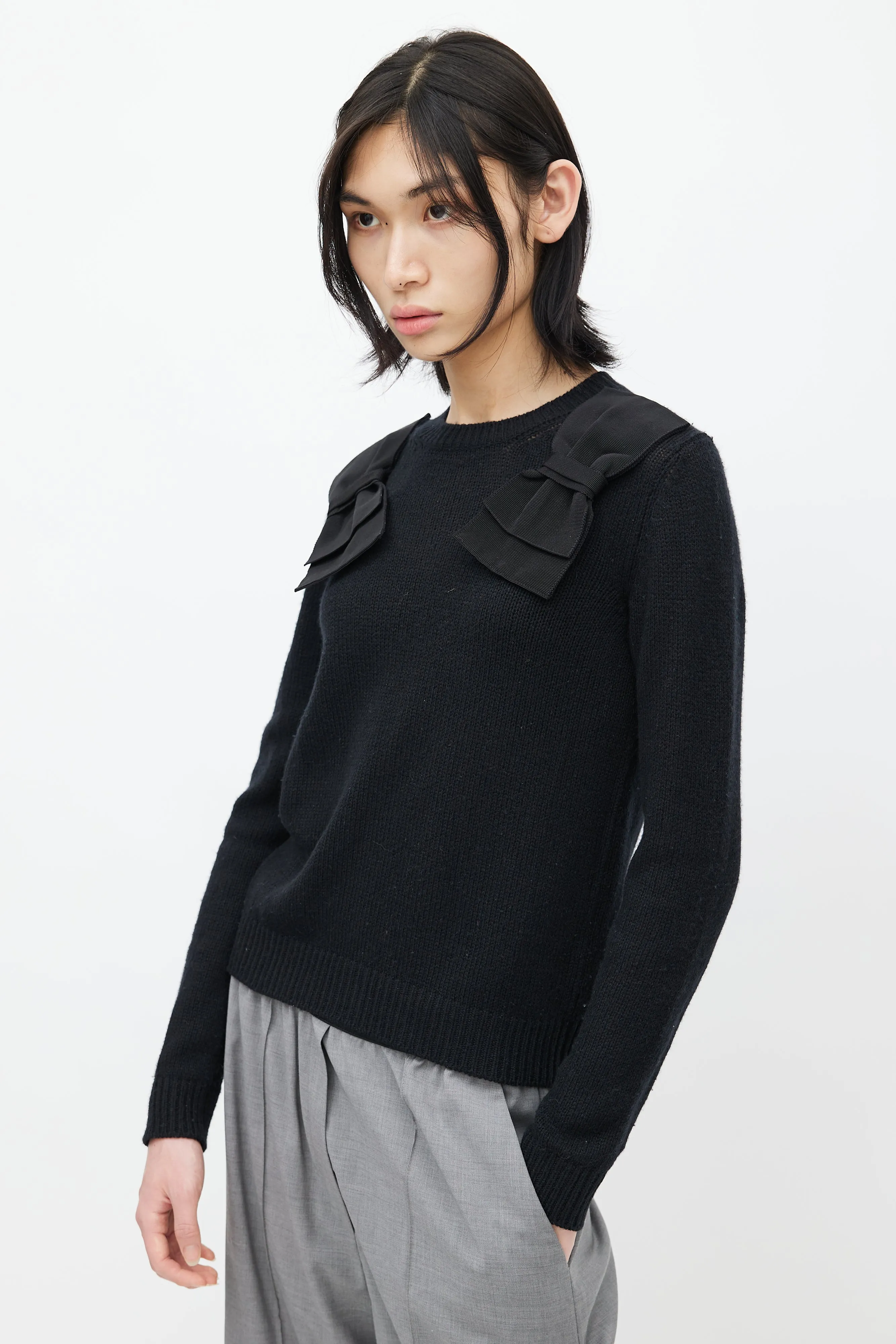 Black Knit Cashmere Bow Cardigan