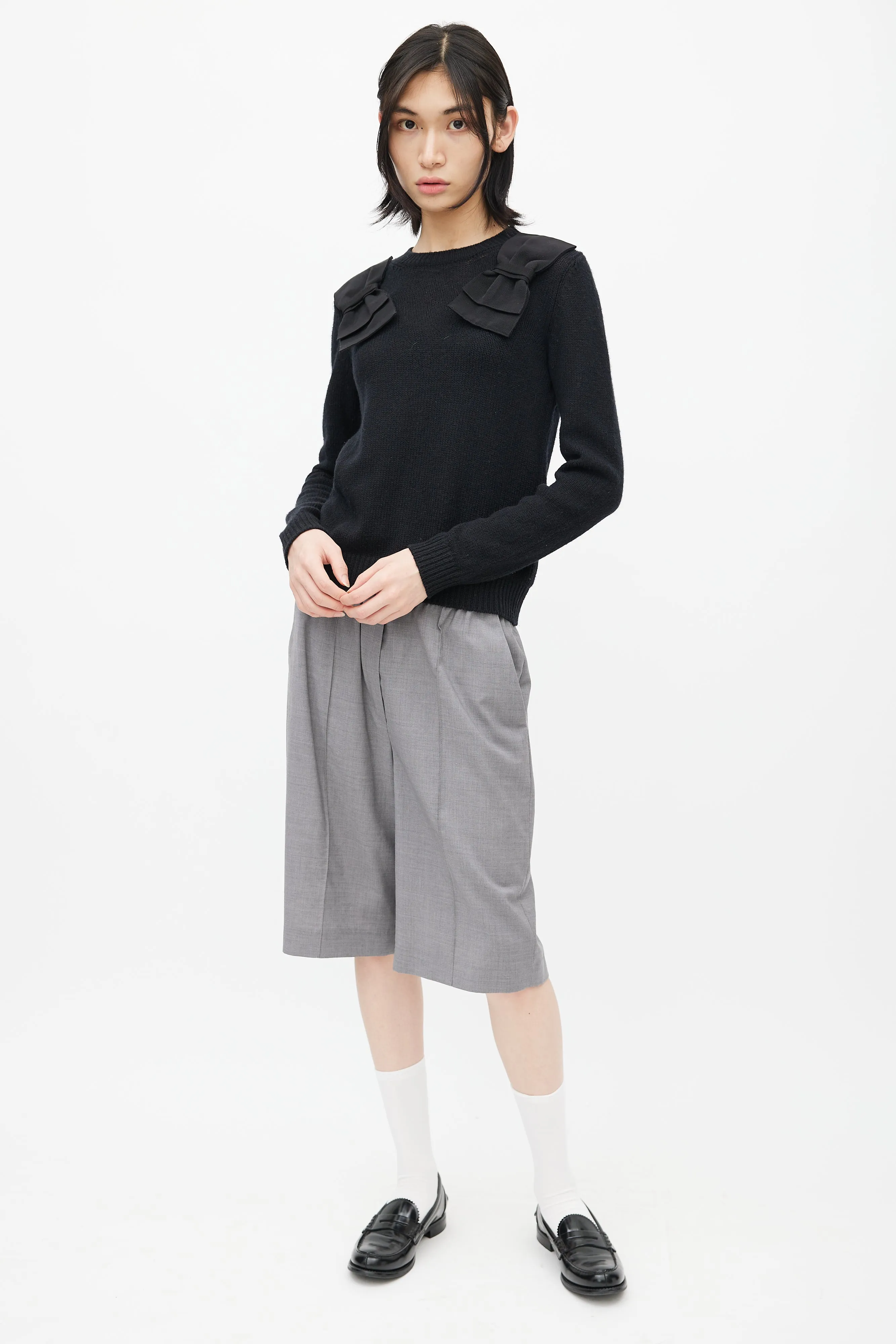Black Knit Cashmere Bow Cardigan