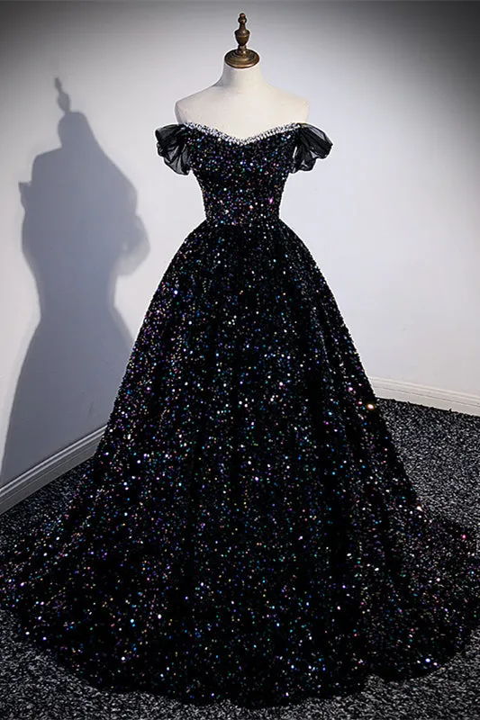 Black Sequin Off the Shoulder Long Formal Gown