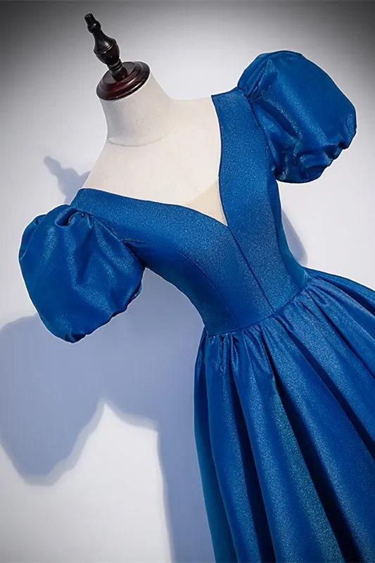 Blue A-line Long Formal Dress with Short Puffy Sleeves