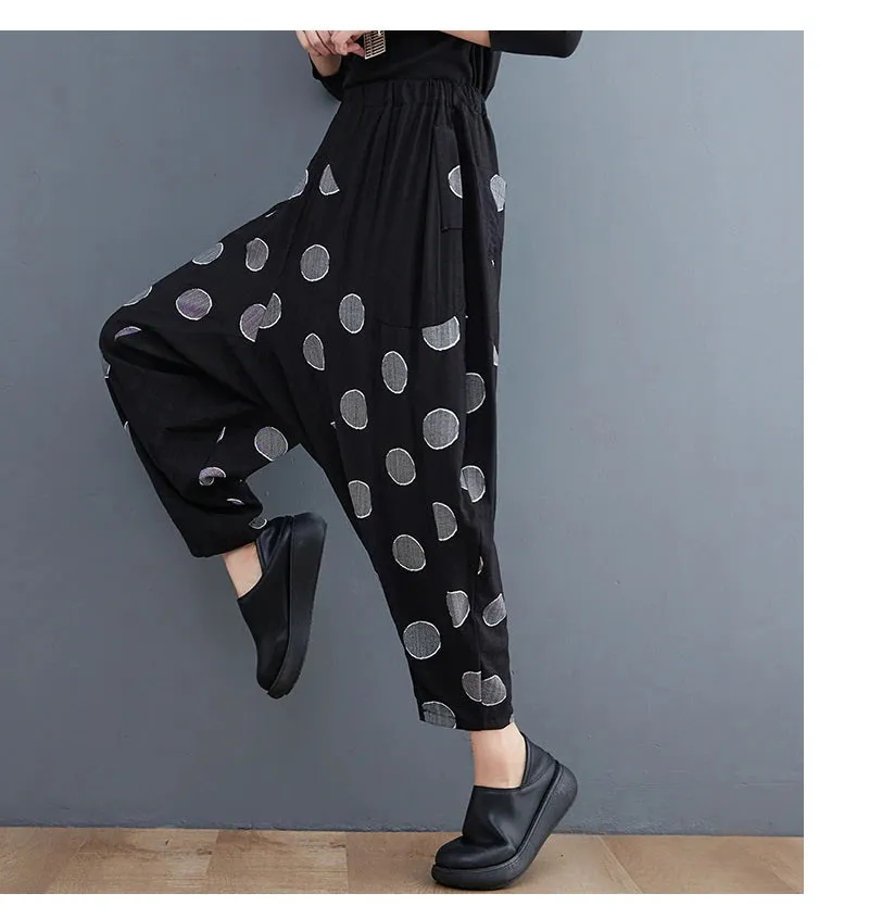 Broadcloth Dot Accent Harem Pants with Pockets Black with Gray Dots