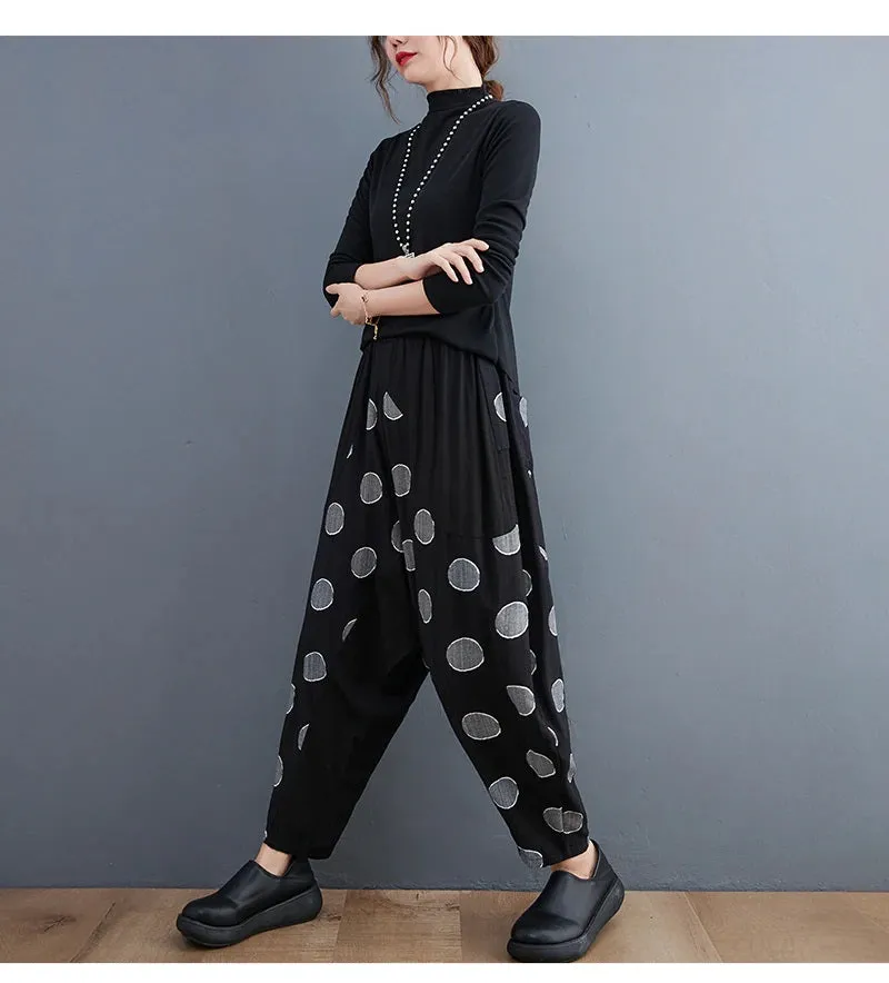 Broadcloth Dot Accent Harem Pants with Pockets Black with Gray Dots
