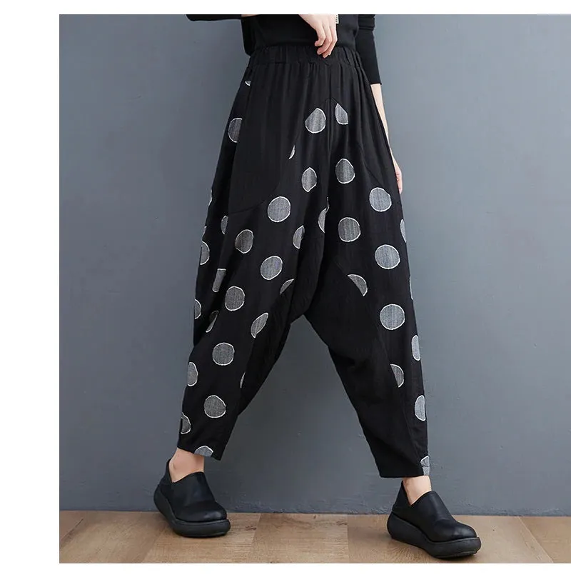 Broadcloth Dot Accent Harem Pants with Pockets Black with Gray Dots