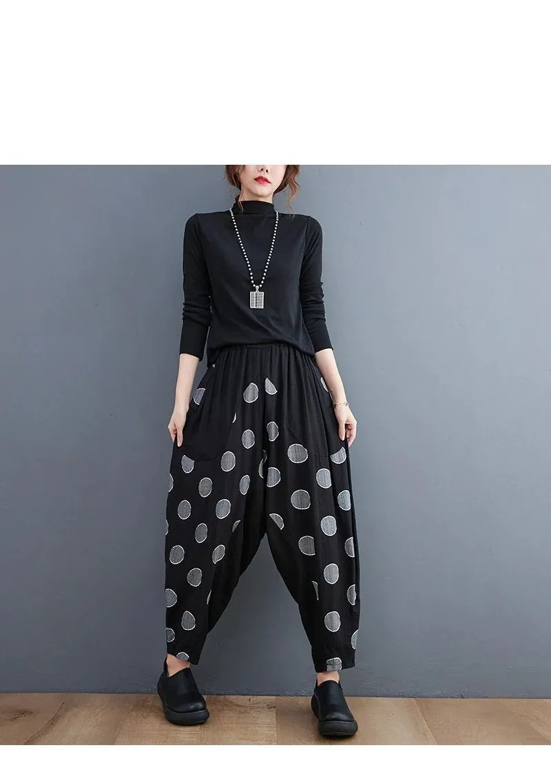 Broadcloth Dot Accent Harem Pants with Pockets Black with Gray Dots