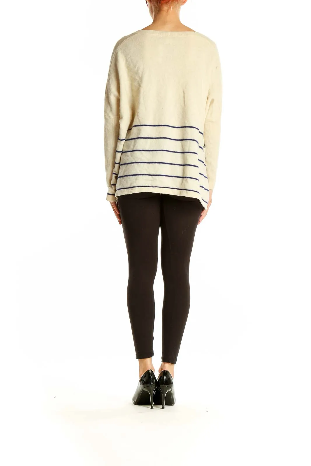 Cream Striped Cashmere V-Neck Sweater
