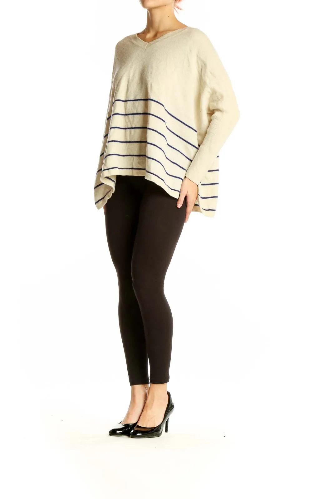 Cream Striped Cashmere V-Neck Sweater