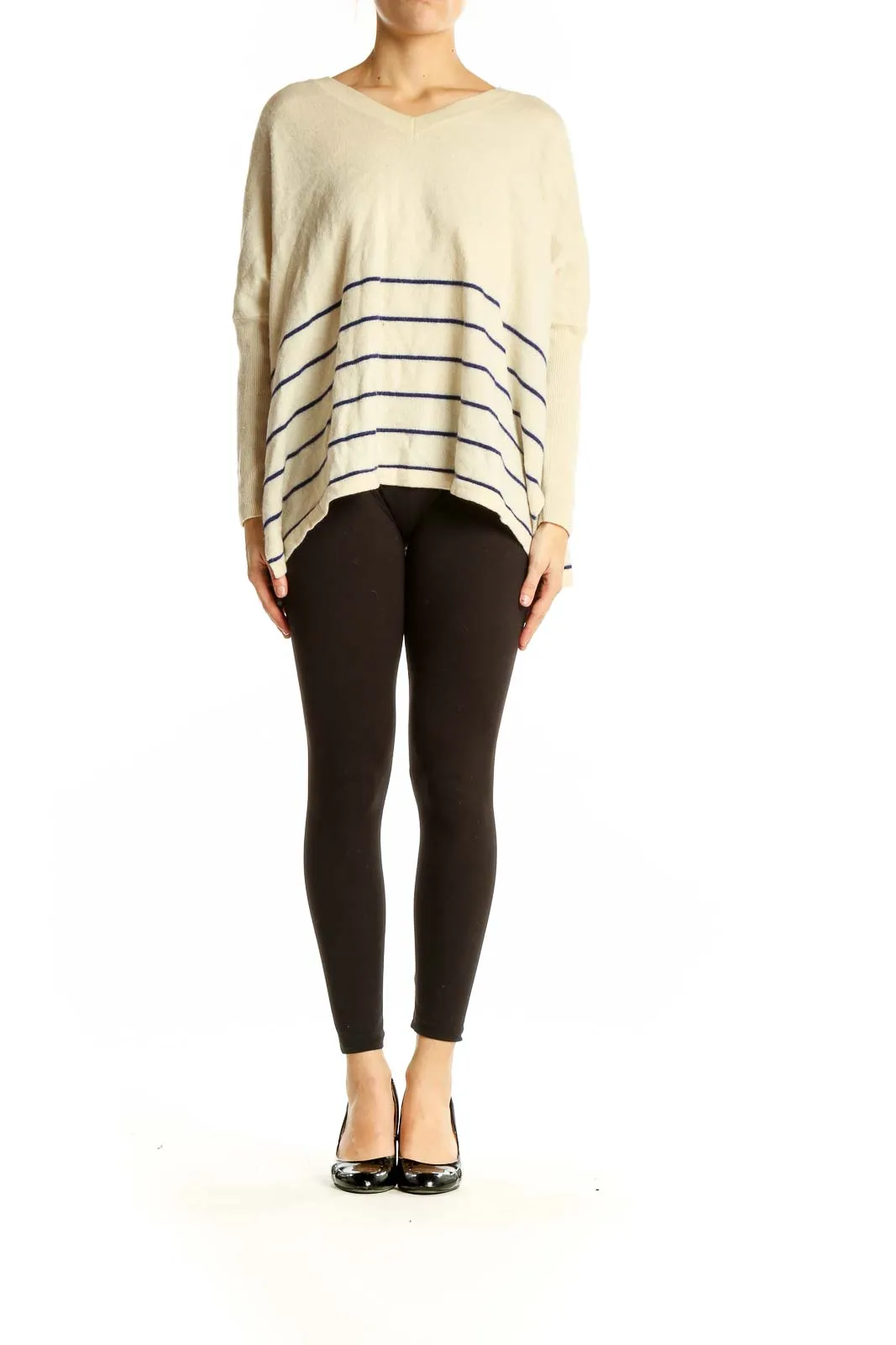 Cream Striped Cashmere V-Neck Sweater