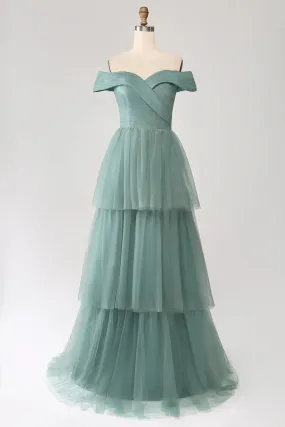 Grey Green Prom Dresses A-Line Off The Shoulder Pleated Tiered Maxi Dress