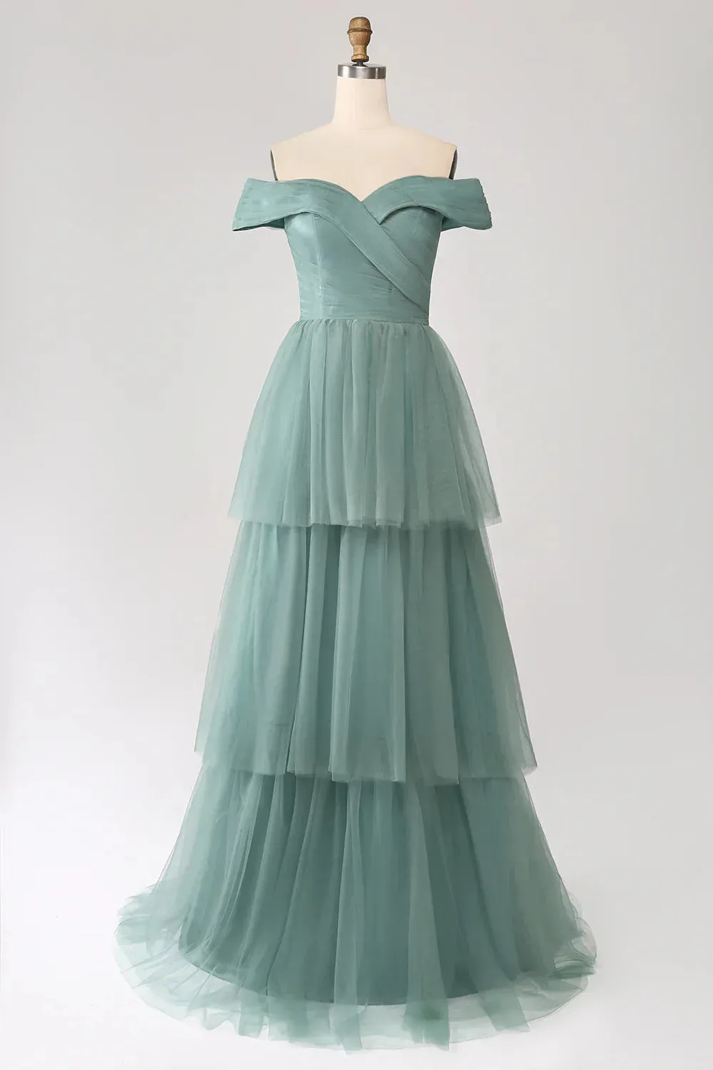 Grey Green Prom Dresses A-Line Off The Shoulder Pleated Tiered Maxi Dress