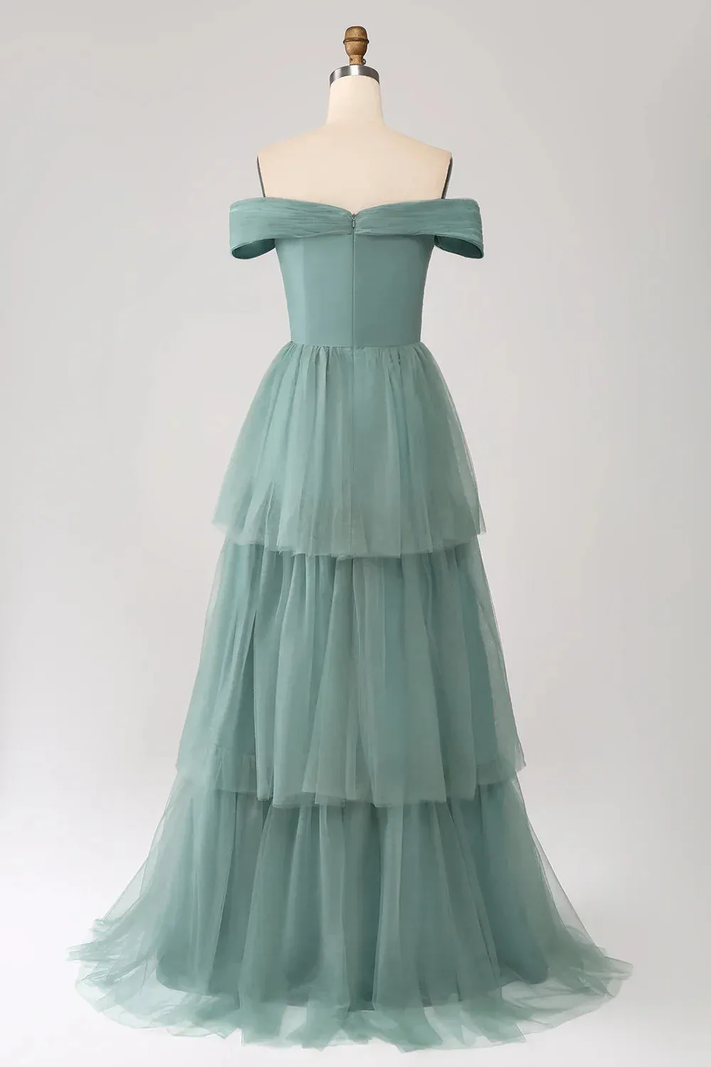 Grey Green Prom Dresses A-Line Off The Shoulder Pleated Tiered Maxi Dress