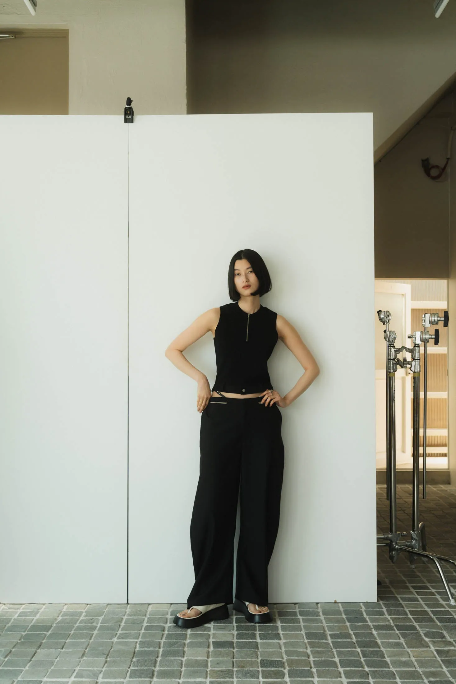 half zip knit tank tops/2color