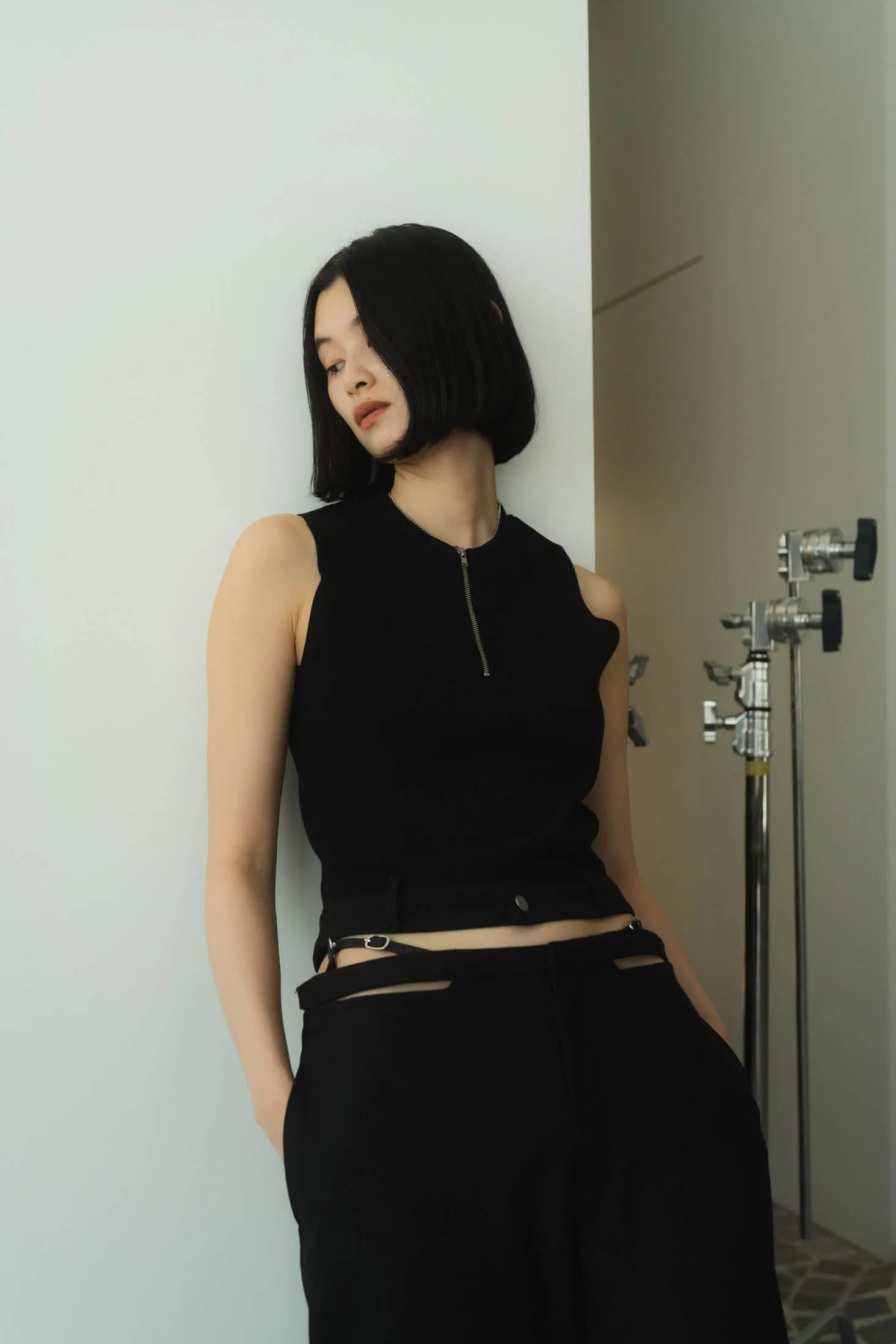 half zip knit tank tops/2color