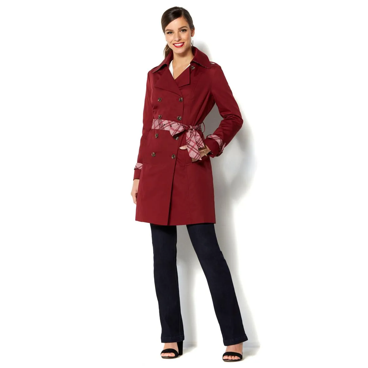 IMAN Global Chic All-Weather Pop of Plaid Luxe Trench Coat - XS, S & M