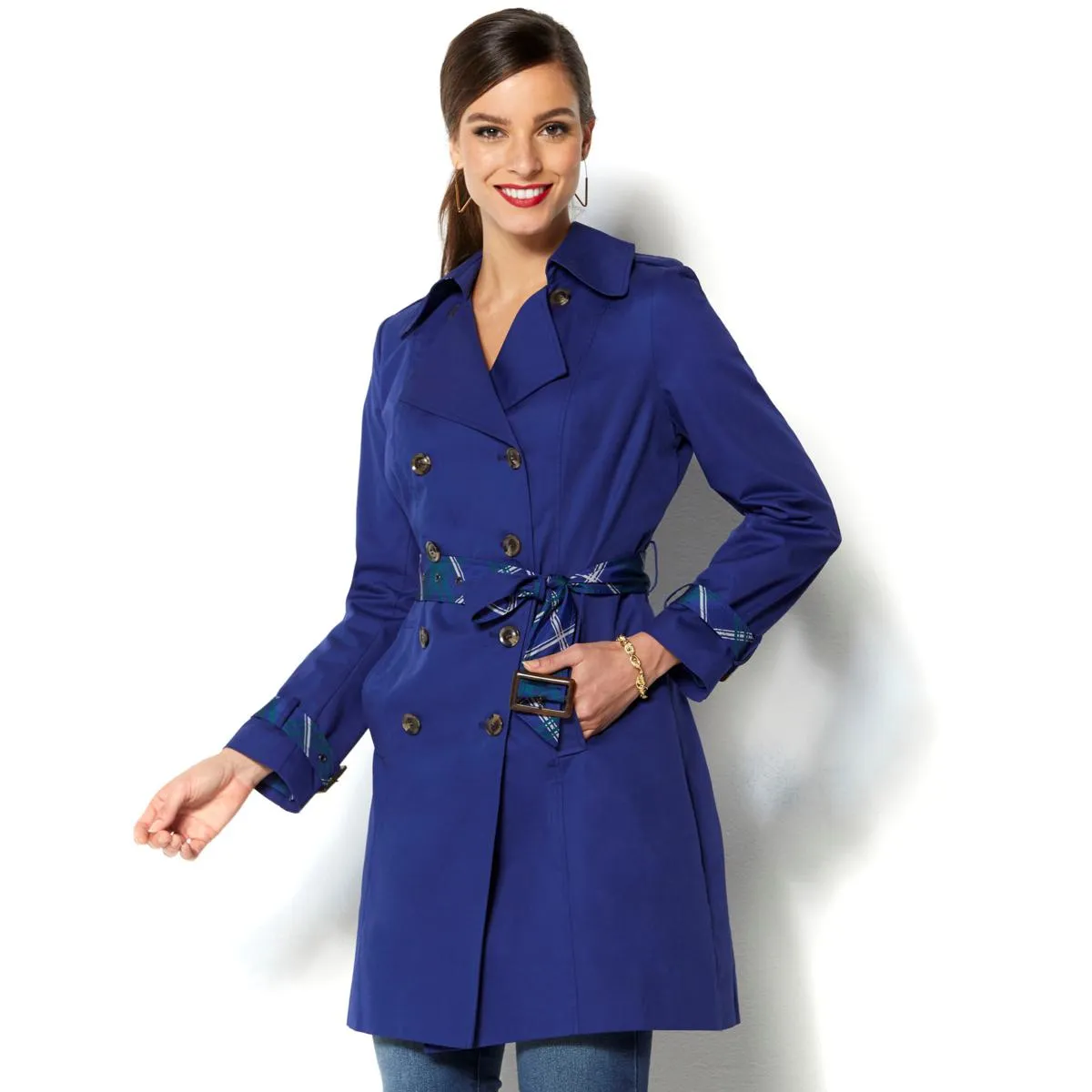 IMAN Global Chic All-Weather Pop of Plaid Luxe Trench Coat - XS, S & M