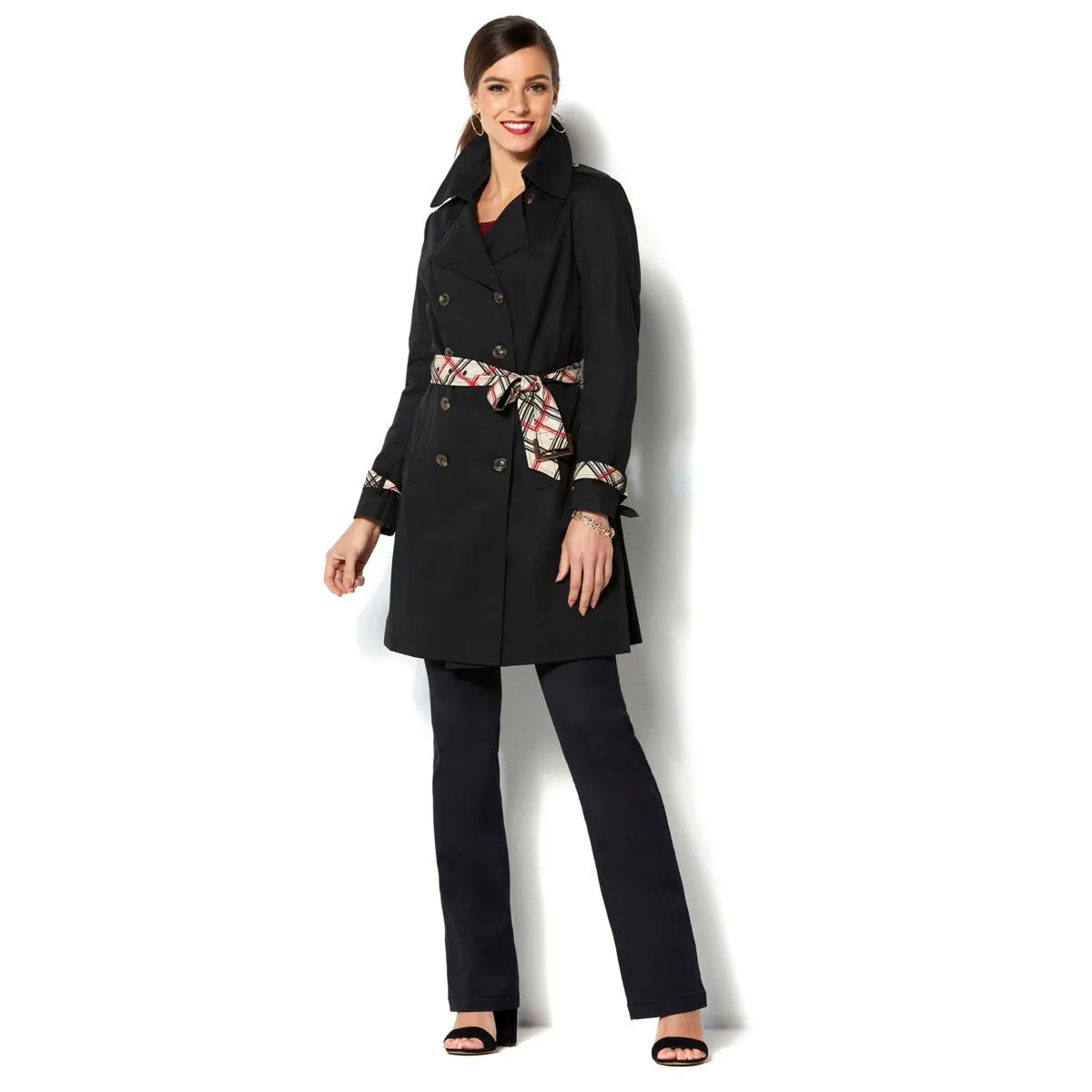 IMAN Global Chic All-Weather Pop of Plaid Luxe Trench Coat - XS, S & M